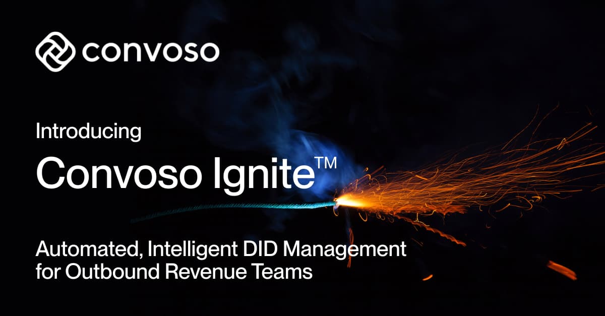 Dark background with a lit fuse. Text: "Introducing Convoso Ignite™ - Automated, Intelligent DID Management for Outbound Revenue Teams." Convoso logo above.