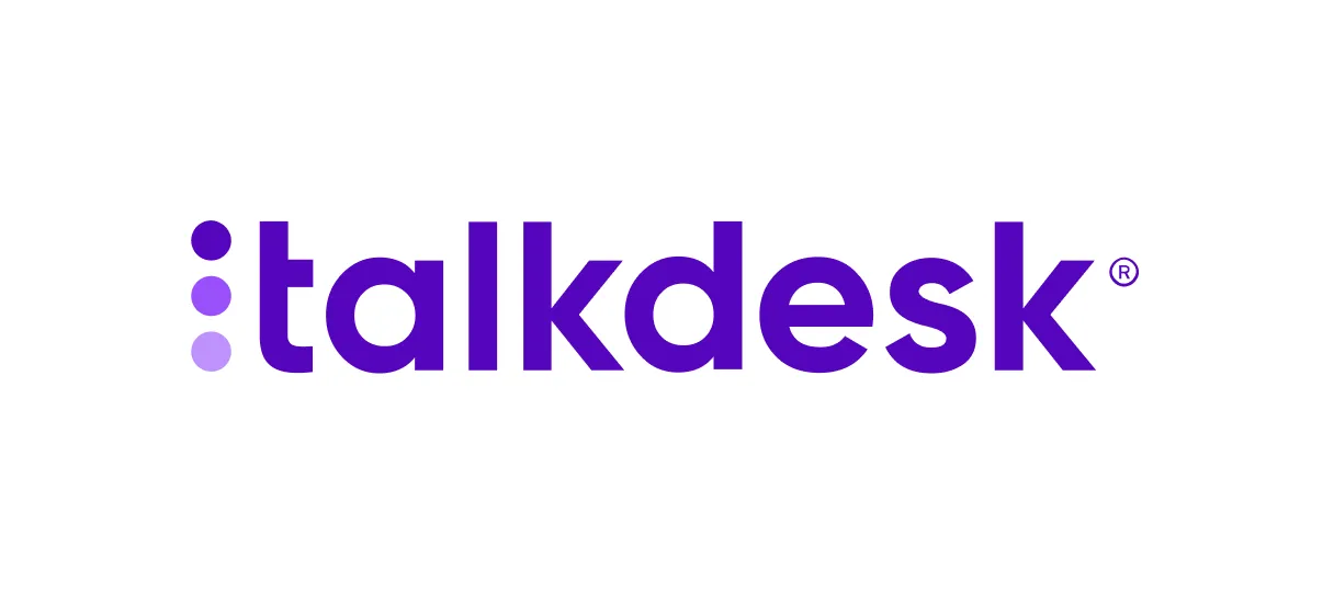 The image displays the Talkdesk logo in purple text with stylized dots preceding the name on a white background.