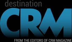Logo of "destination CRM" in blue and black text, with "FROM THE EDITORS OF CRM MAGAZINE" written underneath in smaller white letters.