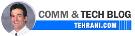 Logo with a smiling man in a circle, text "COMM & TECH BLOG" and "TEHRANI.COM" on a blue bar.