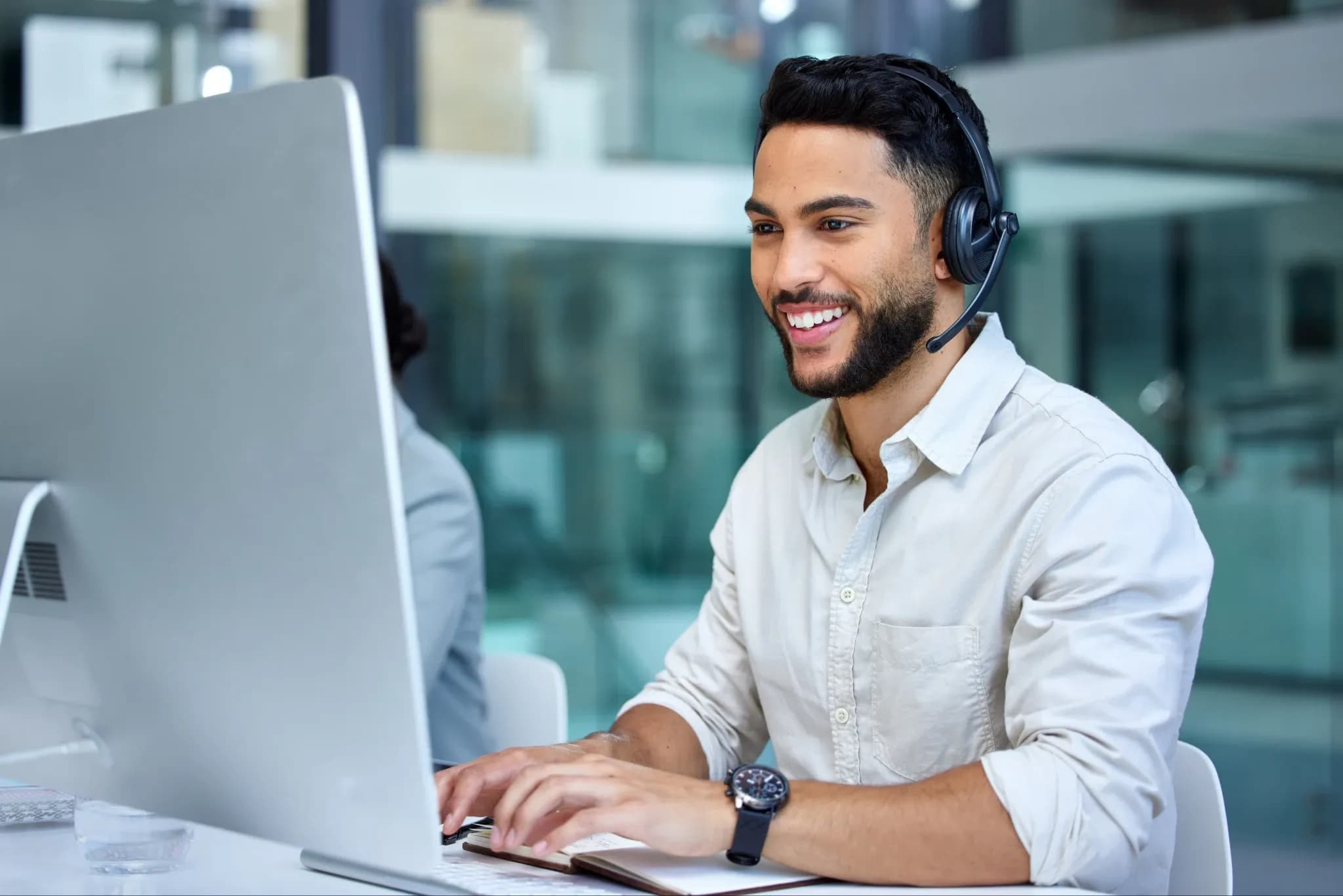 Customer service representative working on a case