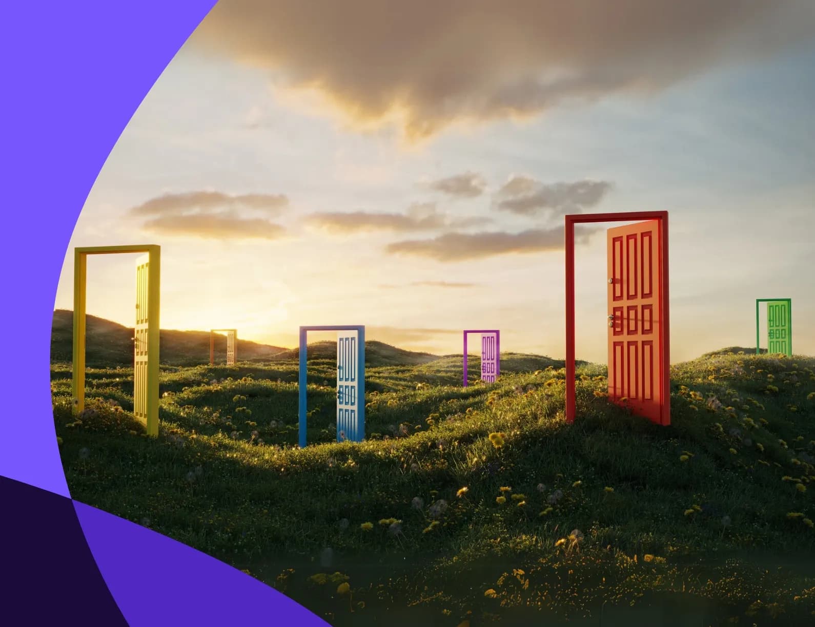 Surreal landscape with colorful open doors standing on grassy hills under a dramatic sunset sky, framed by abstract purple shapes.