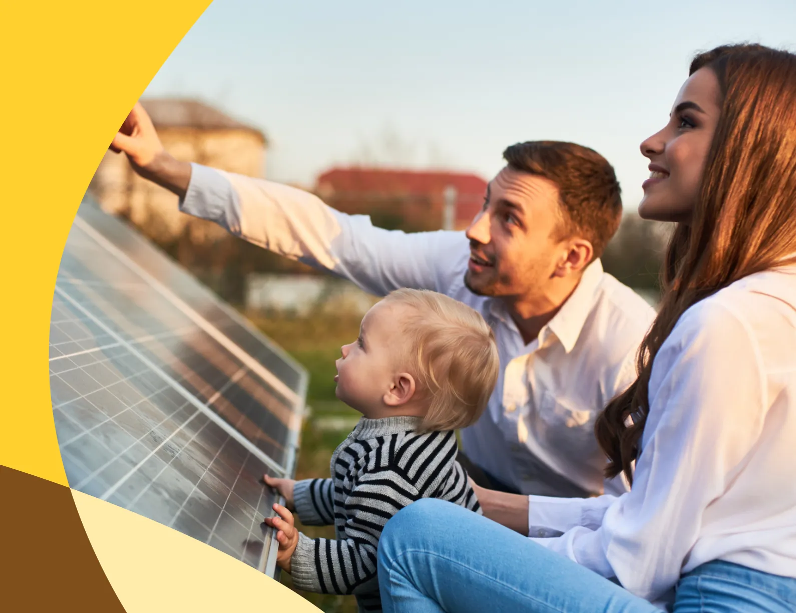 Family in an open area with solar panels